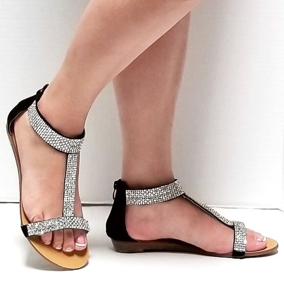 New Black Silver Rhinestone Straps Wedge Sandals - Picture 3 of 5